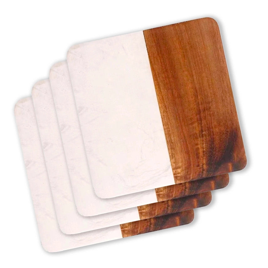 Set of 4 White Marble and Acacia Wood 4" Square Coasters