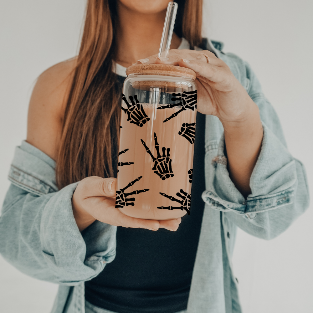 Skelly Peace | UVDTF | 20 oz Libbey Can Glass with Bamboo Lid & Straw