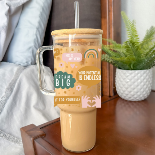 Self Love Notes | VINYL | 40 oz Clear Glass Tumbler with Bamboo Lid & Straw