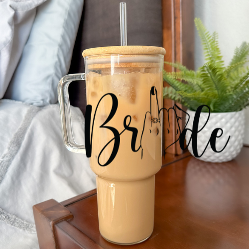 Bride Ring Finger | VINYL | 40 oz Clear Glass Tumbler with Bamboo Lid & Straw