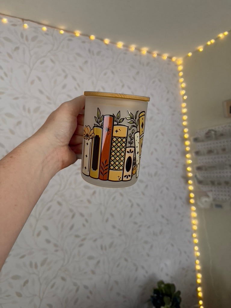 Floral Books - Color | UVDTF | 15oz Mug with Handle, Bamboo Lid & Straw