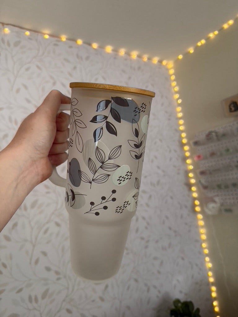 Boho Floral Line Art | UVDTF | 40 oz Glass Tumbler with Bamboo Lid & Straw