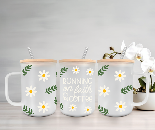 Running on Faith & Coffee | VINYL | 15oz Mug with Handle, Bamboo Lid & Straw