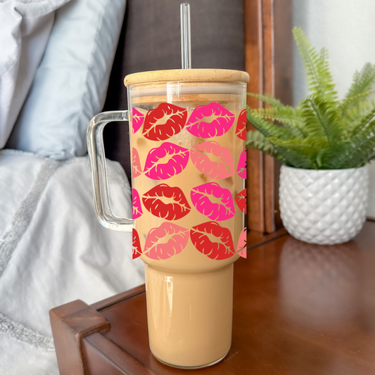 Kisses | VINYL | 40 oz Clear Glass Tumbler with Bamboo Lid & Straw