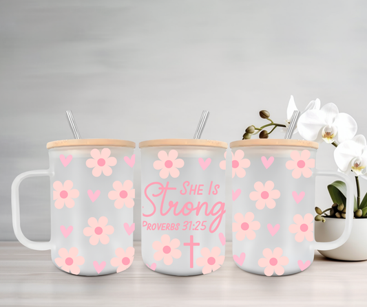 She Is Strong | VINYL | 15oz Mug with Handle, Bamboo Lid & Straw