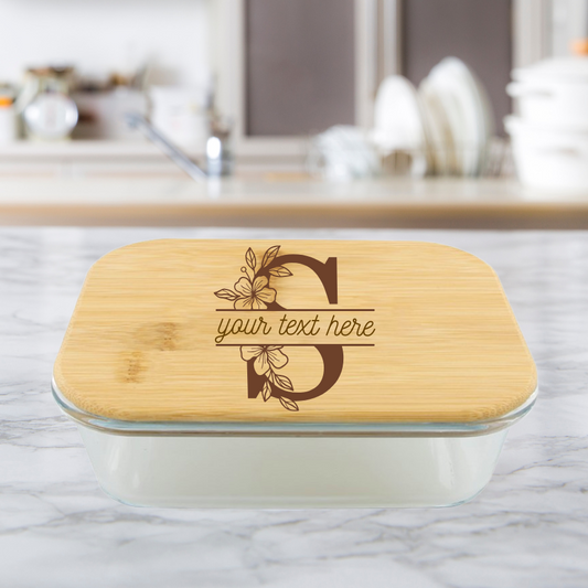 PERSONALIZED Floral Monogram | ENGRAVED | 36oz Glass Food Storage Container with Bamboo Lid