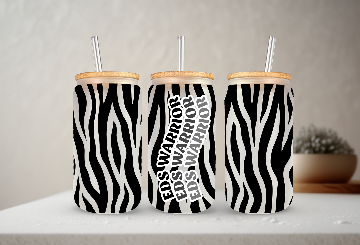 EDS Warrior Zebra | VINYL | 20 oz Libbey Can Glass with Bamboo Lid & Straw