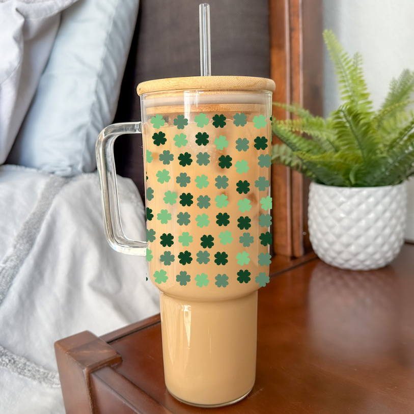 Shamrocks | VINYL | 40 oz Clear Glass Tumbler with Bamboo Lid & Straw