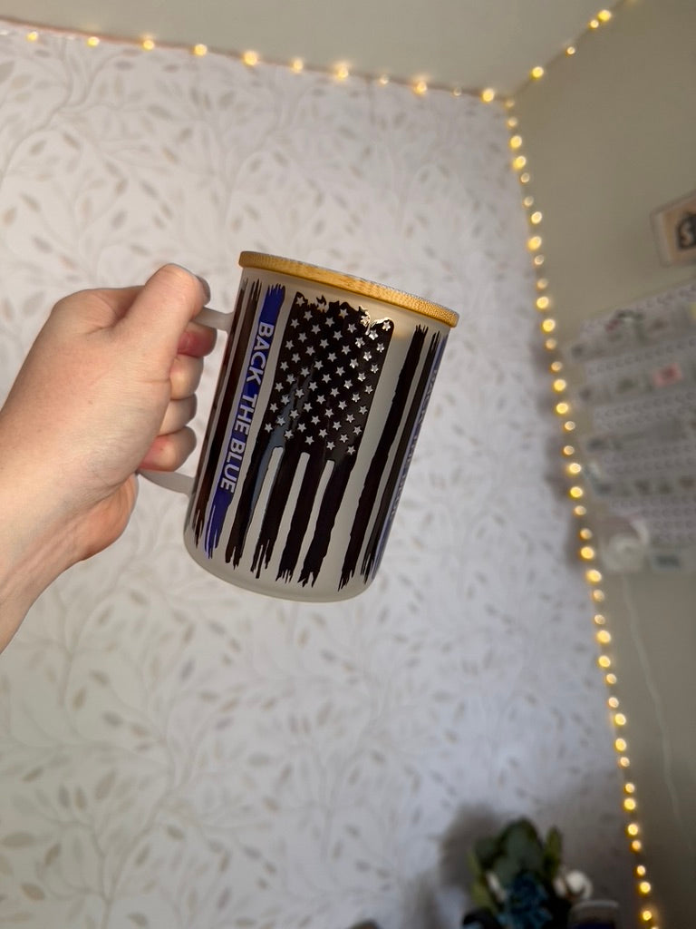 Back The Blue | UVDTF | 15oz Mug with Handle, Bamboo Lid & Straw