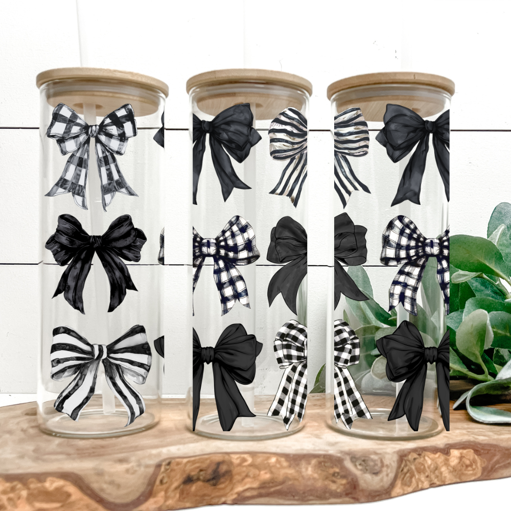 Black Check Coquette | UVDTF | 25oz Skinny Glass Tumbler with Bamboo Lid & Straw