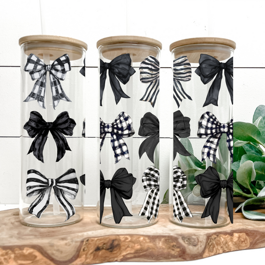 Black Check Coquette | UVDTF | 25oz Skinny Glass Tumbler with Bamboo Lid & Straw