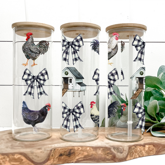 Farmhouse Coquette | UVDTF | 25oz Skinny Glass Tumbler with Bamboo Lid & Straw