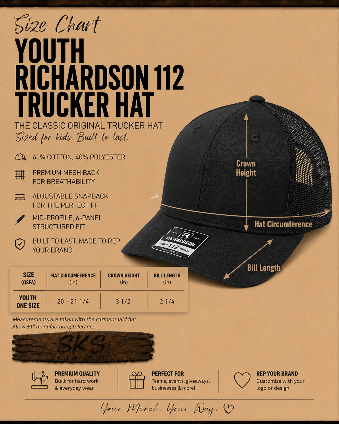 CUSTOM LOGO | Youth Richardson 112 Hat with Laser Engraved Leather Patch