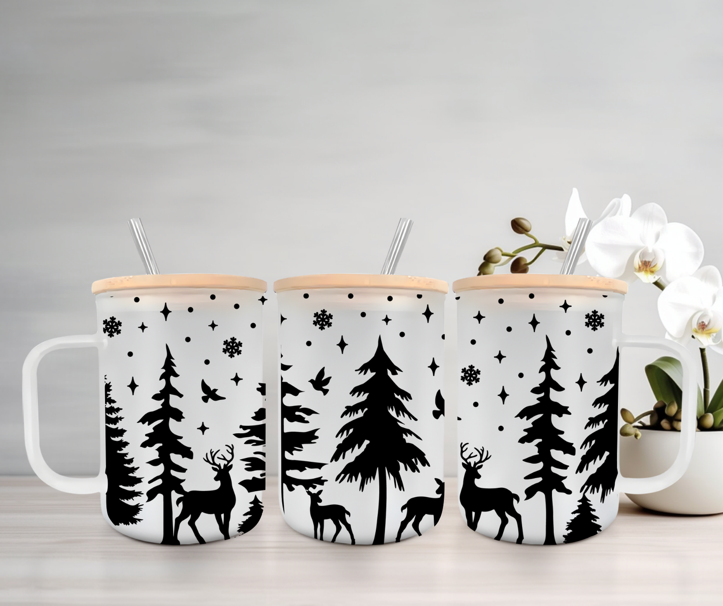 Winter Woodland | VINYL | 15oz Mug with Handle, Bamboo Lid & Straw