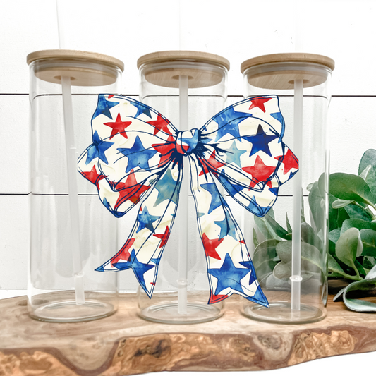 Patriotic Bow | UVDTF | 25oz Skinny Glass Tumbler with Bamboo Lid & Straw