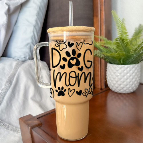 Dog Mom | VINYL | 40 oz Clear Glass Tumbler with Bamboo Lid & Straw