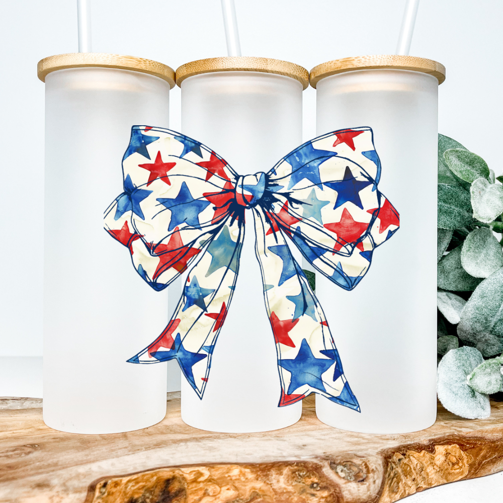 Patriotic Bow | UVDTF | 25oz Skinny Glass Tumbler with Bamboo Lid & Straw