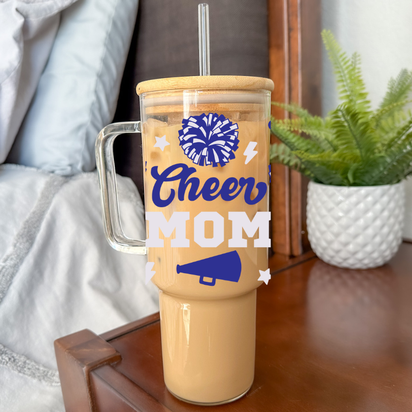 Cheer Mom | VINYL | 40 oz Clear Glass Tumbler with Bamboo Lid & Straw