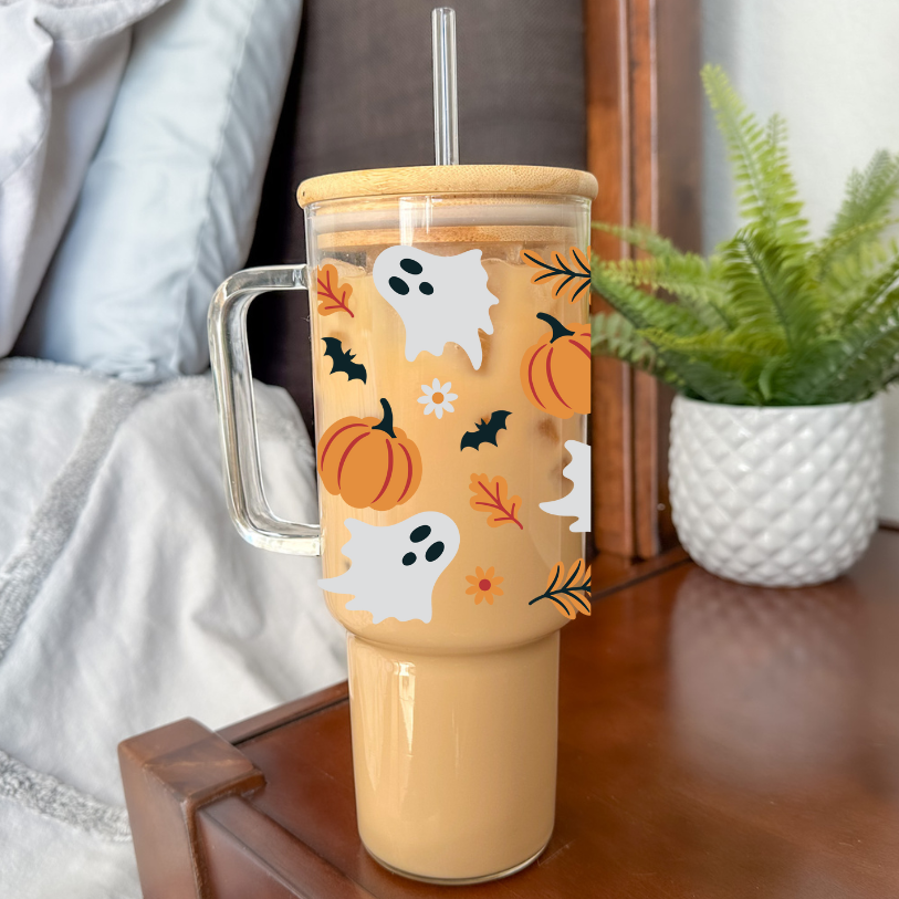 Pumpkin Ghosts | VINYL | 40 oz Clear Glass Tumbler with Bamboo Lid & Straw