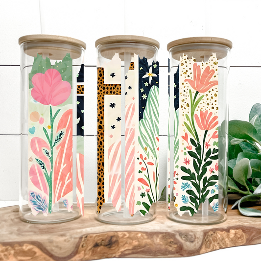 Rooted in Grace | UVDTF | 25oz Skinny Glass Tumbler with Bamboo Lid & Straw