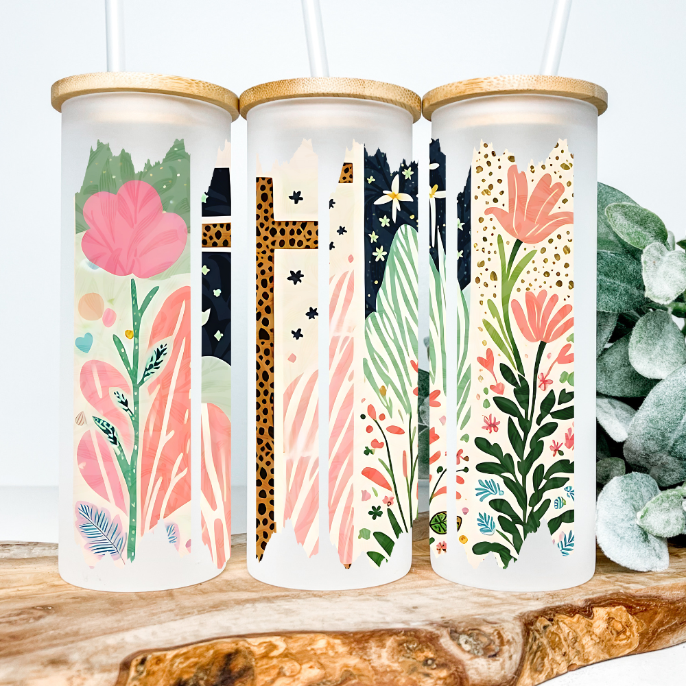 Rooted in Grace | UVDTF | 25oz Skinny Glass Tumbler with Bamboo Lid & Straw