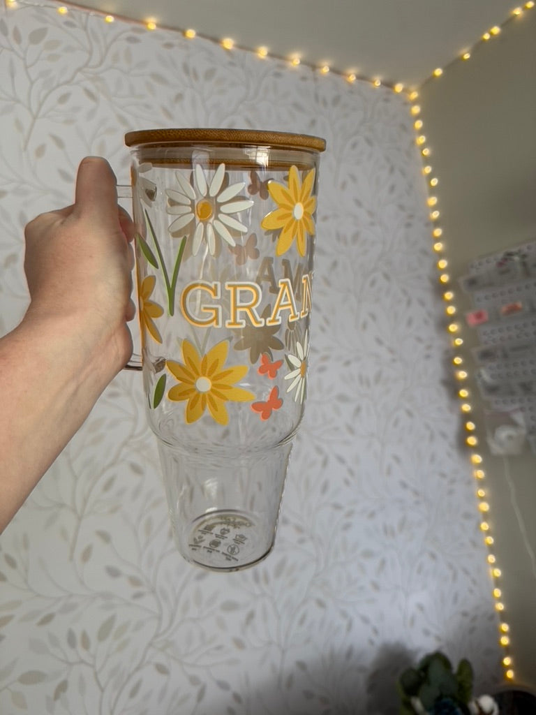 Summer Meadow - Grandma | UVDTF | 40 oz Glass Tumbler with Bamboo Lid & Straw