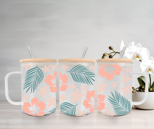 Hibiscus | VINYL | 15oz Mug with Handle, Bamboo Lid & Straw