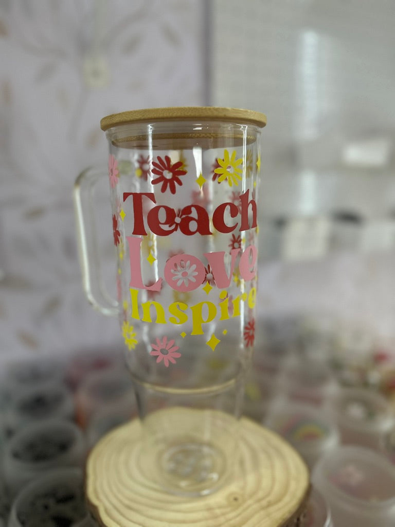 Teach Love Inspire | VINYL | 40 oz Clear Glass Tumbler with Bamboo Lid & Straw