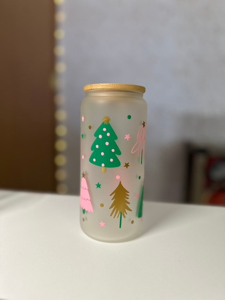 Boho Christmas Trees | VINYL | 20 oz Libbey Can Glass with Bamboo Lid & Straw