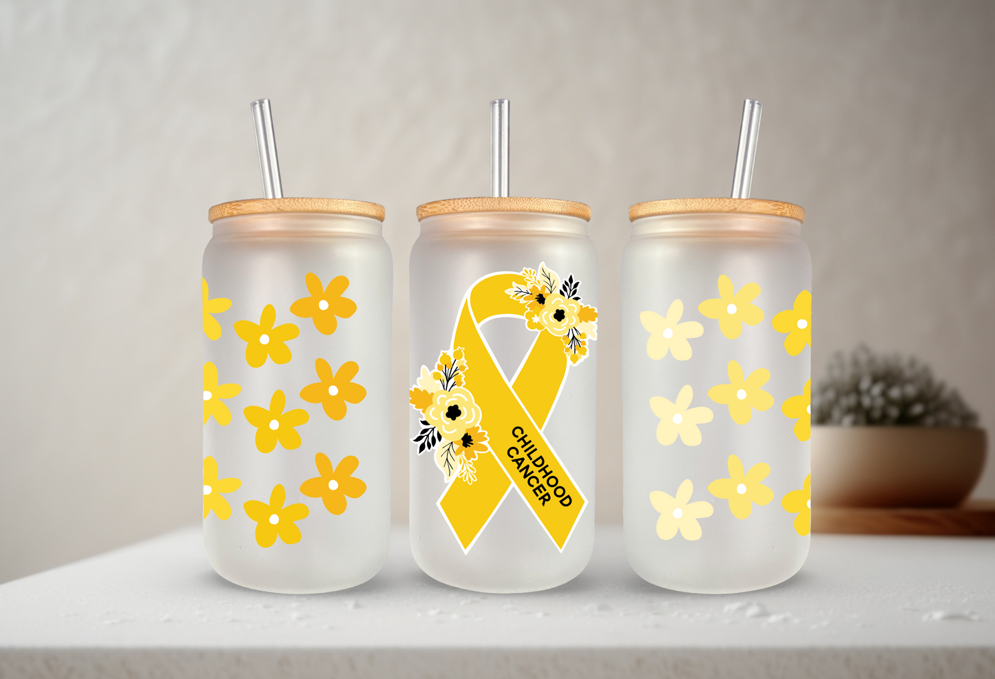 Childhood Cancer Ribbon Floral | VINYL | 20 oz Libbey Can Glass with Bamboo Lid & Straw