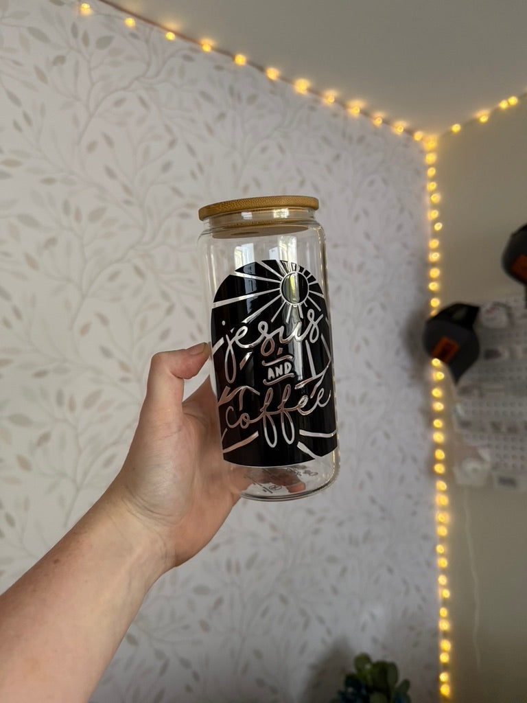 Jesus & Coffee | UVDTF | 20 oz Libbey Can Glass with Bamboo Lid & Straw