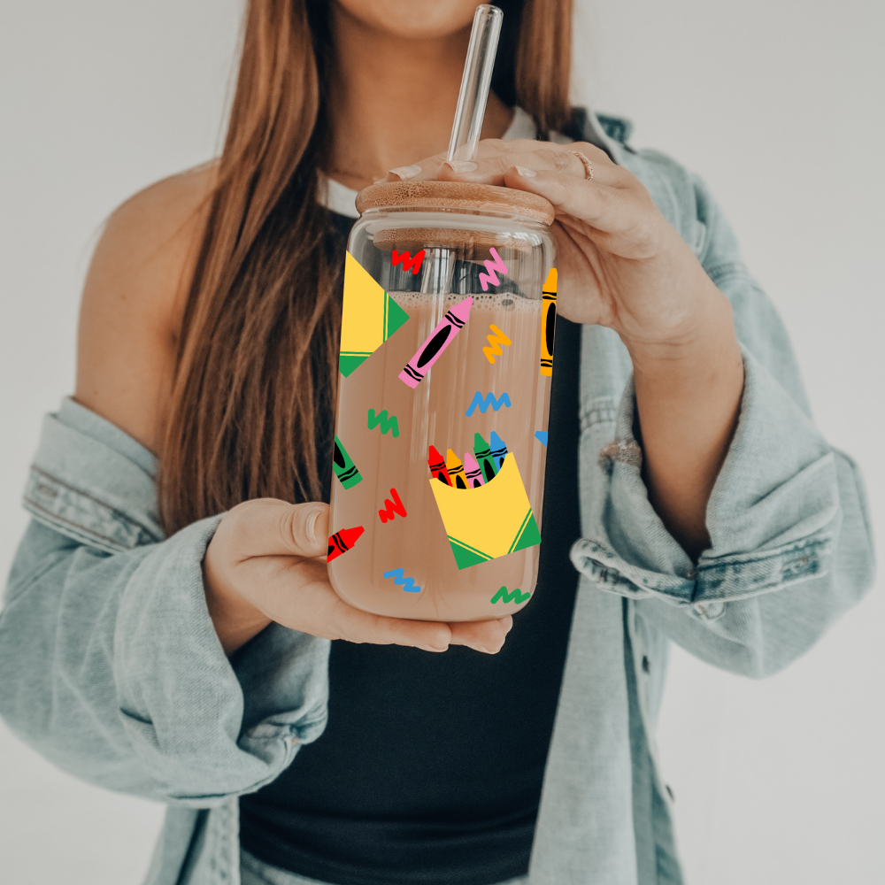 Crayons | UVDTF | 20 oz Libbey Can Glass with Bamboo Lid & Straw