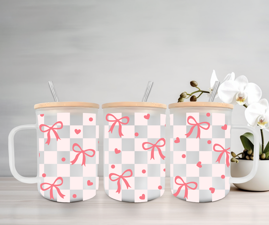 Checkered Bows | VINYL | 15oz Mug with Handle, Bamboo Lid & Straw