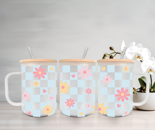 Checkered Flowers | VINYL | 15oz Mug with Handle, Bamboo Lid & Straw