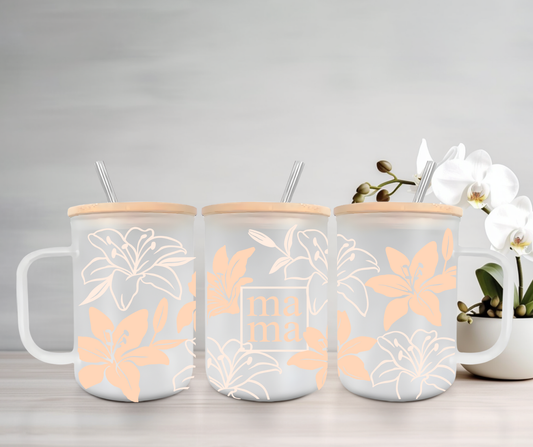 Lily Mom | VINYL | 15oz Mug with Handle, Bamboo Lid & Straw