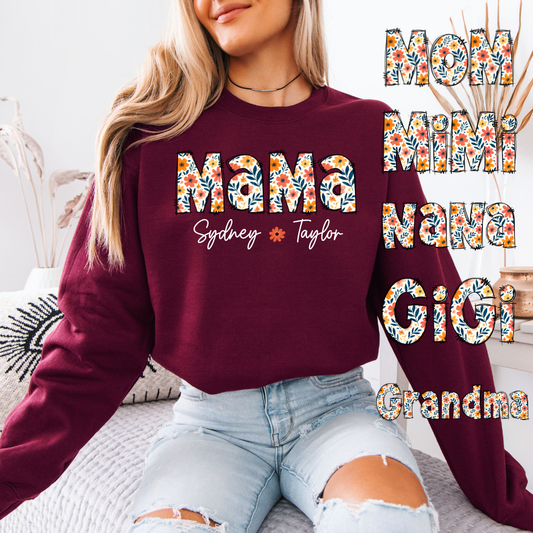 PERSONALIZED Floral Mama, Mimi, Nana, Gigi, Grandma | Unisex Crewneck Sweatshirt