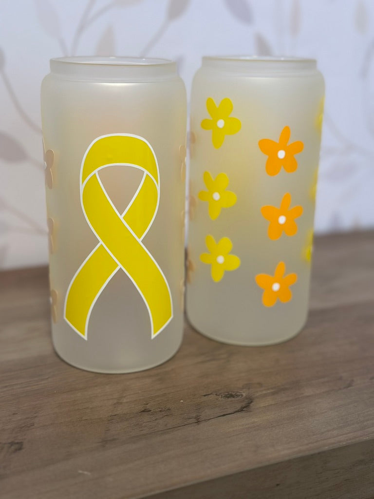 Childhood Cancer Ribbon Floral | VINYL | 20 oz Libbey Can Glass with Bamboo Lid & Straw