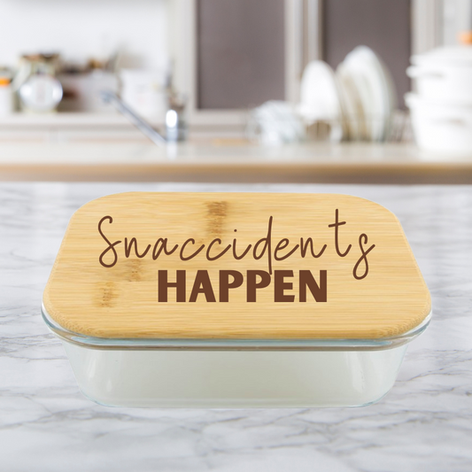 Snaccidents Happen | ENGRAVED | 36oz Glass Food Storage Container with Bamboo Lid