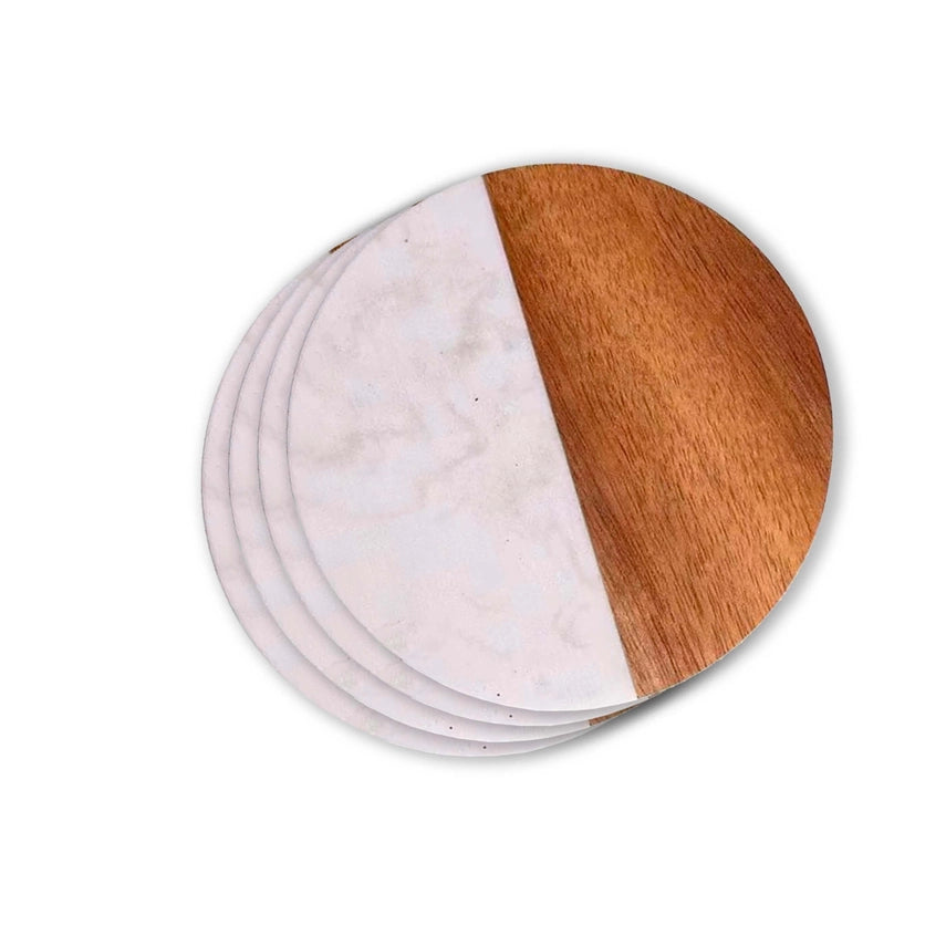 Set of 4 White Marble and Acacia Wood 4" Round Coasters