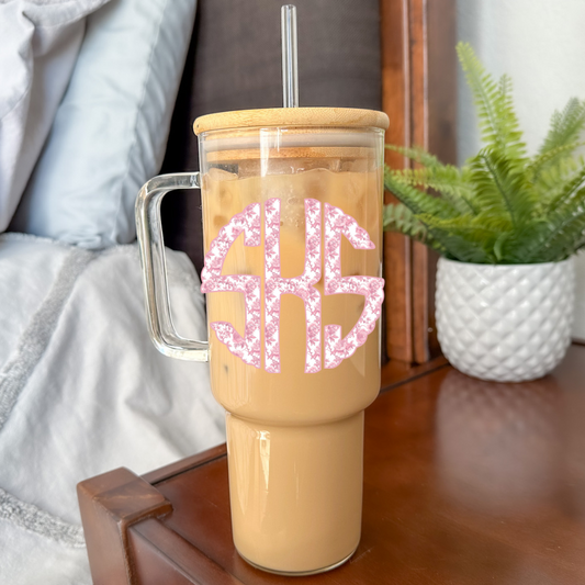 Pink Chinoiserie Monogram | UVDTF | 40 oz Glass Tumbler with Bamboo Lid & Straw