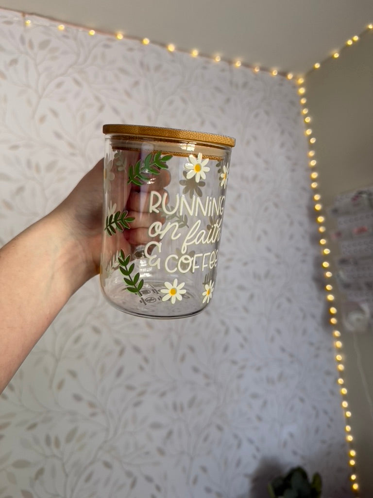 Running on Faith & Coffee | UVDTF | 15oz Mug with Handle, Bamboo Lid & Straw