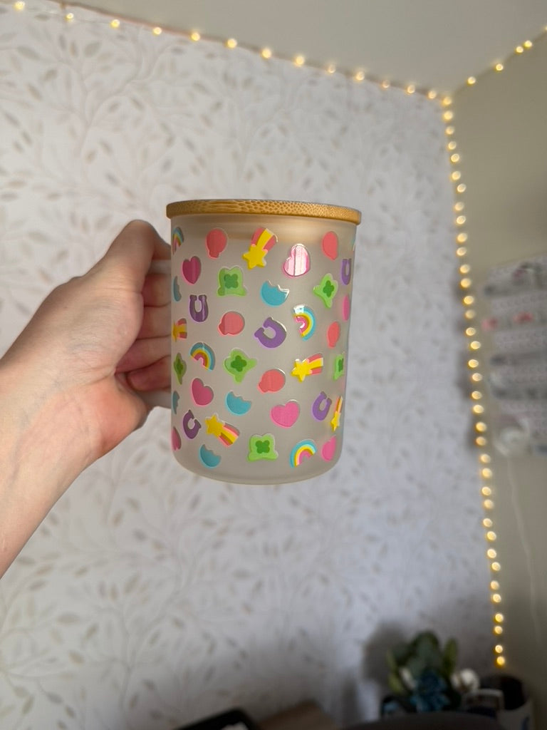 Lucky Marshmallows | UVDTF | 15oz Mug with Handle, Bamboo Lid & Straw