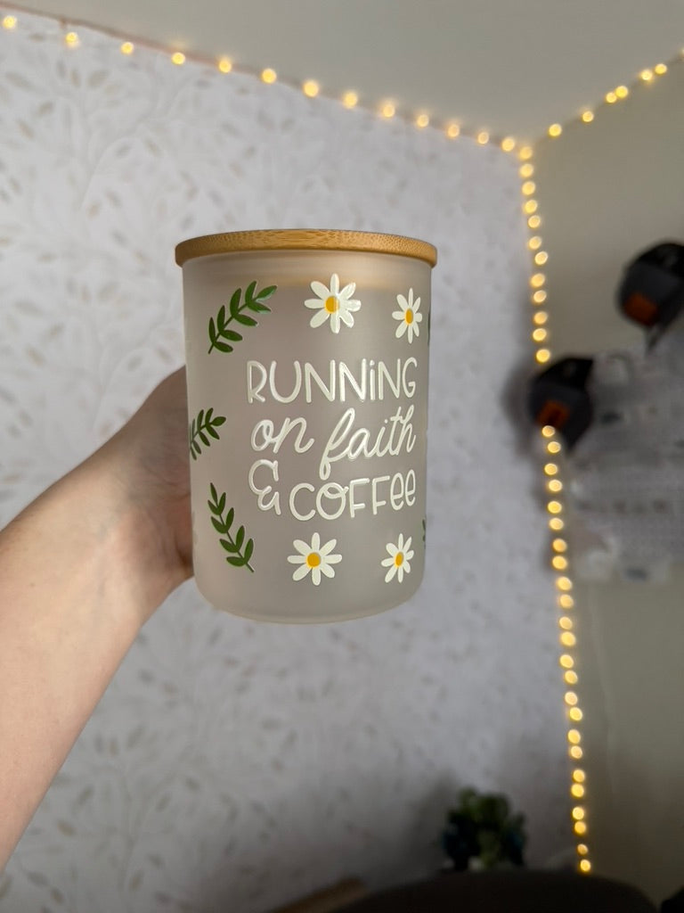 Running on Faith & Coffee | UVDTF | 15oz Mug with Handle, Bamboo Lid & Straw