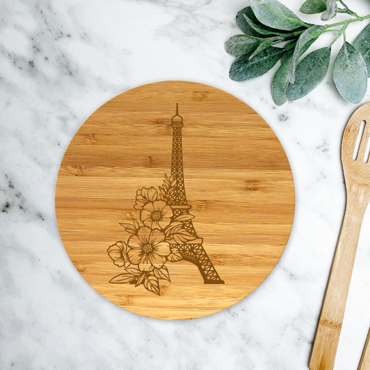 Eiffel Tower Floral | ENGRAVED | 9" Round Cutting Board