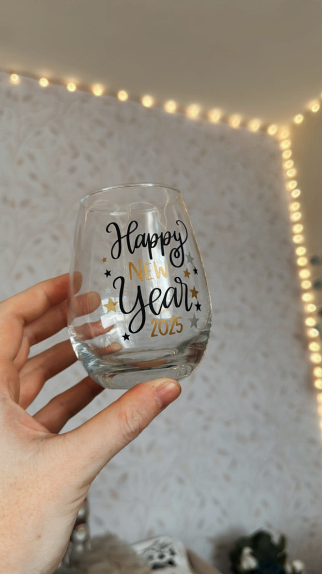 Happy New Year 2025 | VINYL | 12oz Stemless Wine Glass