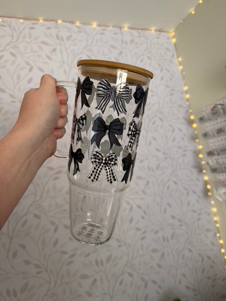 Black Check Coquette | UVDTF | 40 oz Glass Tumbler with Bamboo Lid & Straw