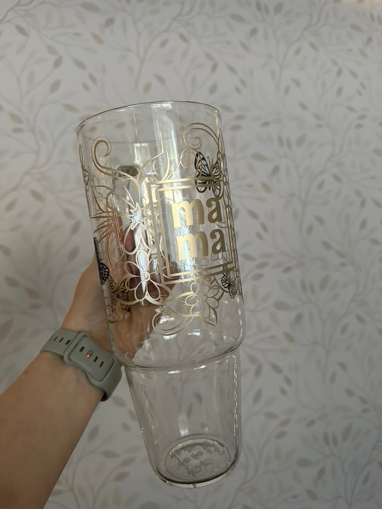 Mama Butterfly Flowers | VINYL | 40 oz Clear Glass Tumbler with Bamboo Lid & Straw