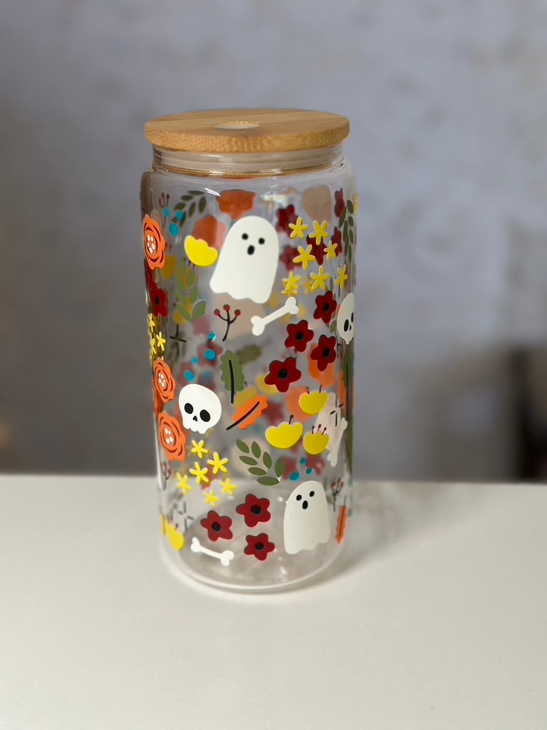 Floral Halloween | VINYL | 20 oz Libbey Can Glass with Bamboo Lid & Straw