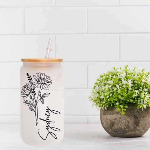 Personalized Birth Flower | 20 oz Frosted Glass Libbey Can Glass with Bamboo Lid & Glass Straw