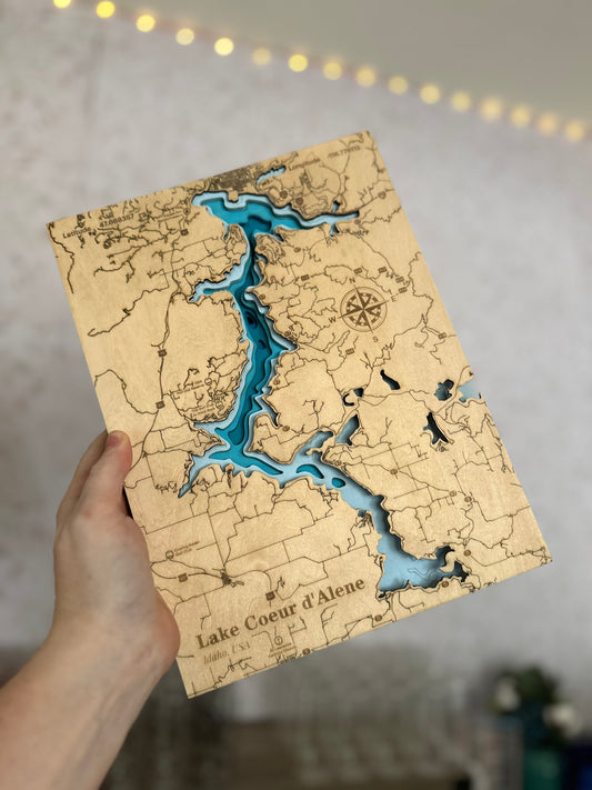 Lake Coeur d'Alene | ENGRAVED & PAINTED | Topo Map